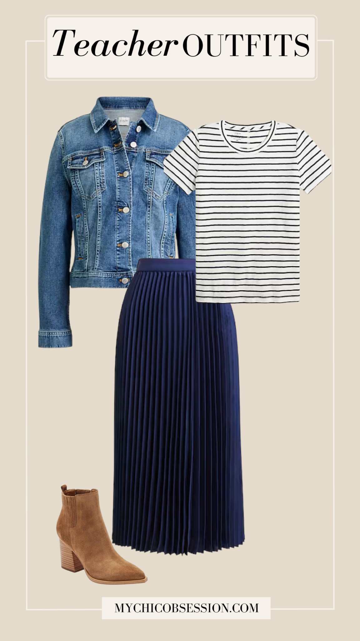 Looking for teacher outfits as you head back to school? This teacher outfit idea is fashionable and easy to wear!

Jean jacket, midi pleated skirt, ankle boots, striped shirt 

#LTKWorkwear #LTKBacktoSchool