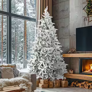 Fraser Hill Farm 9 ft. Pre-lit Flocked Mountain Pine Artificial Christmas Tree with 800 Clear Sma... | The Home Depot