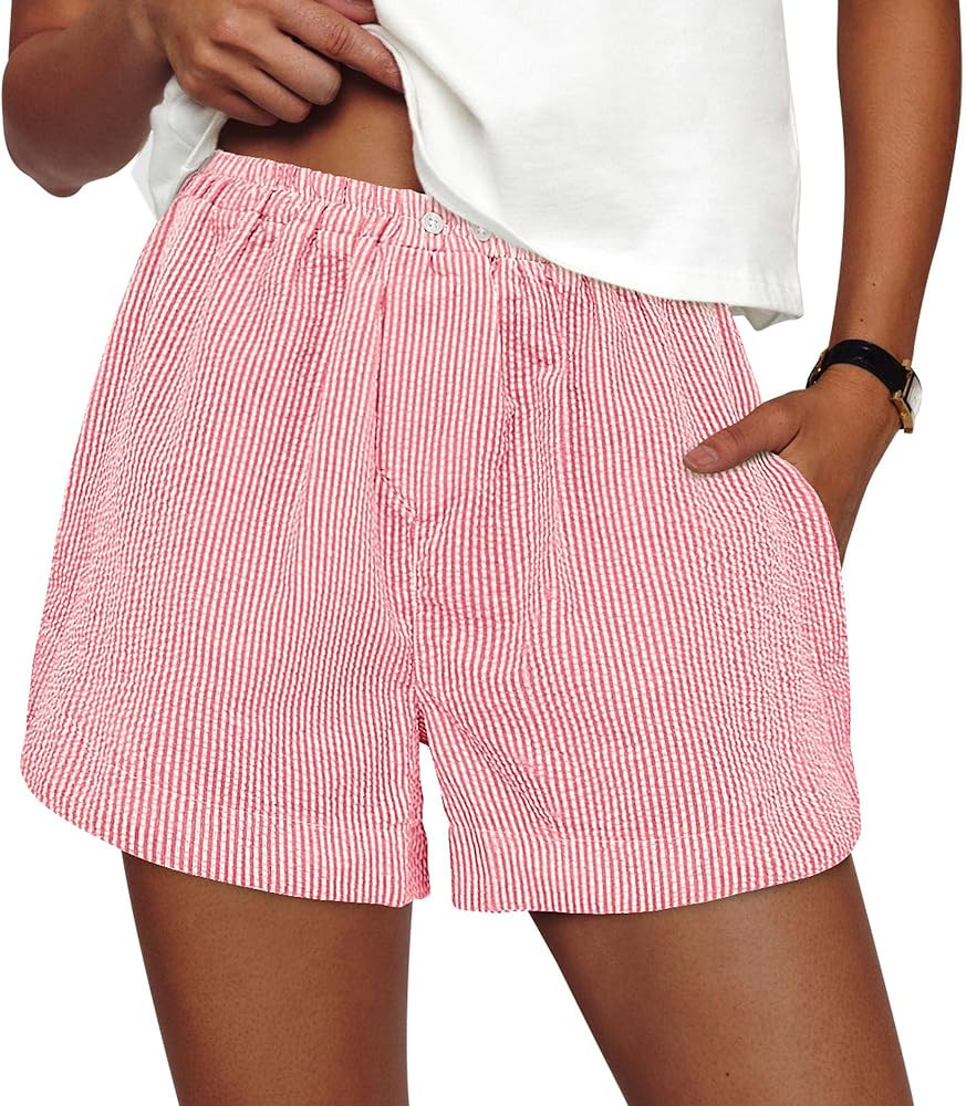 PRETTYGARDEN Women's Striped Boxer Shorts Summer 2026 Trendy Casual Elastic Waist Lounge Sleep Pa... | Amazon (US)