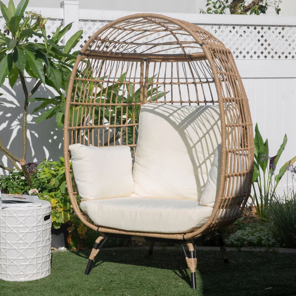 Oversized Wicker Egg Chair Patio Lounger for Indoor/Outdoor W/ Cushion (Beige/White) | Walmart (US)