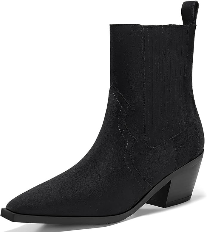 Coutgo Womens Western Pointed Toe Ankle Booties Chunky Stacked Heel Chelsea Boots Cowboy Elastic ... | Amazon (US)