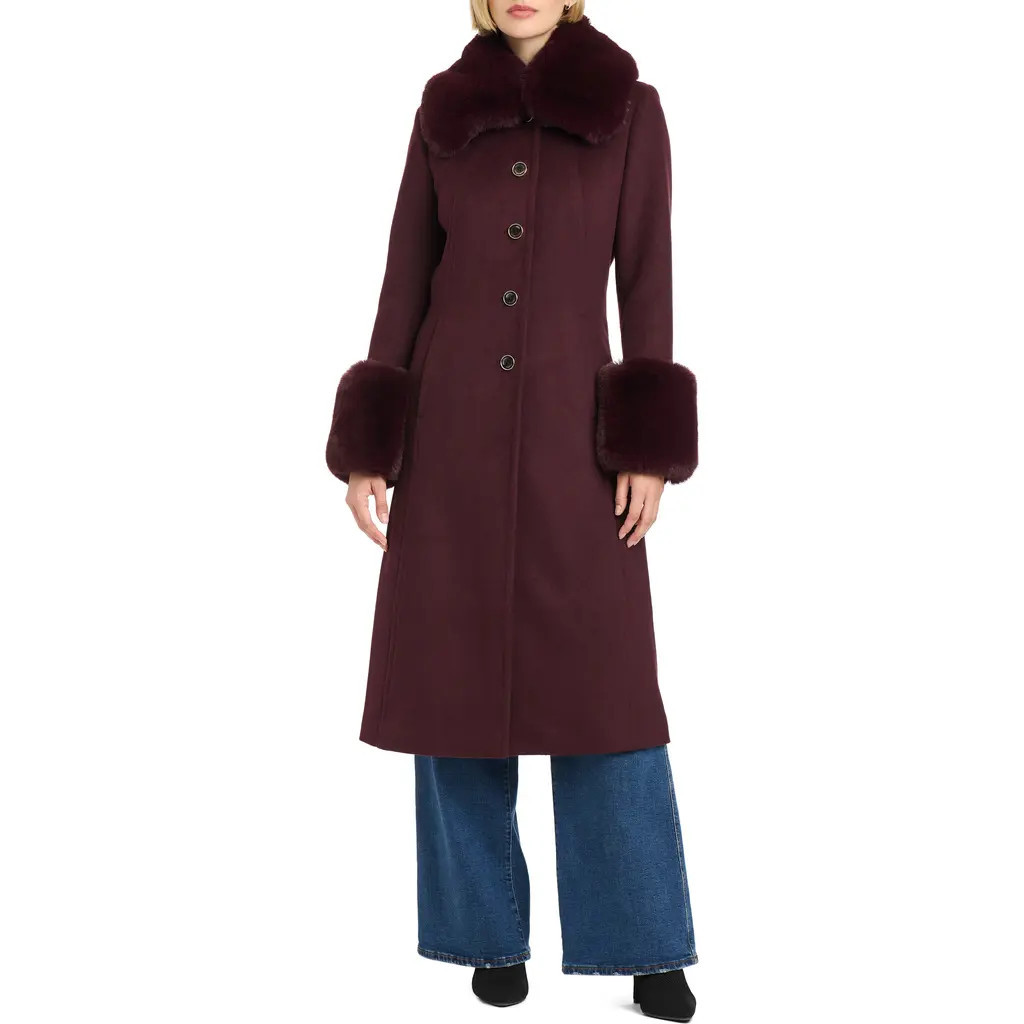 Vince Camuto Single Breasted Coat with Removable Faux Fur Collar & Cuffs in Burgundy at Nordstrom, Size Small | Nordstrom