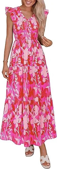 PRETTYGARDEN Women's Boho Floral Maxi Dress Summer Smocked V Neck Ruffle Sleeve Spring Flowy Beac... | Walmart (US)