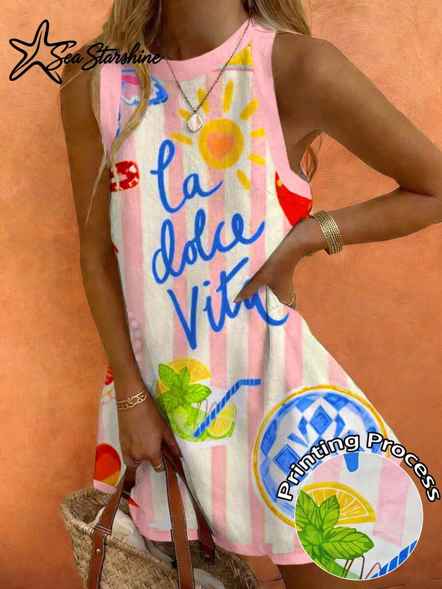 Sea Starshine New Arrival:Dopamine-Hued Sleeveless Dress Featuring Lobster And Letter Prints- Ele... | SHEIN