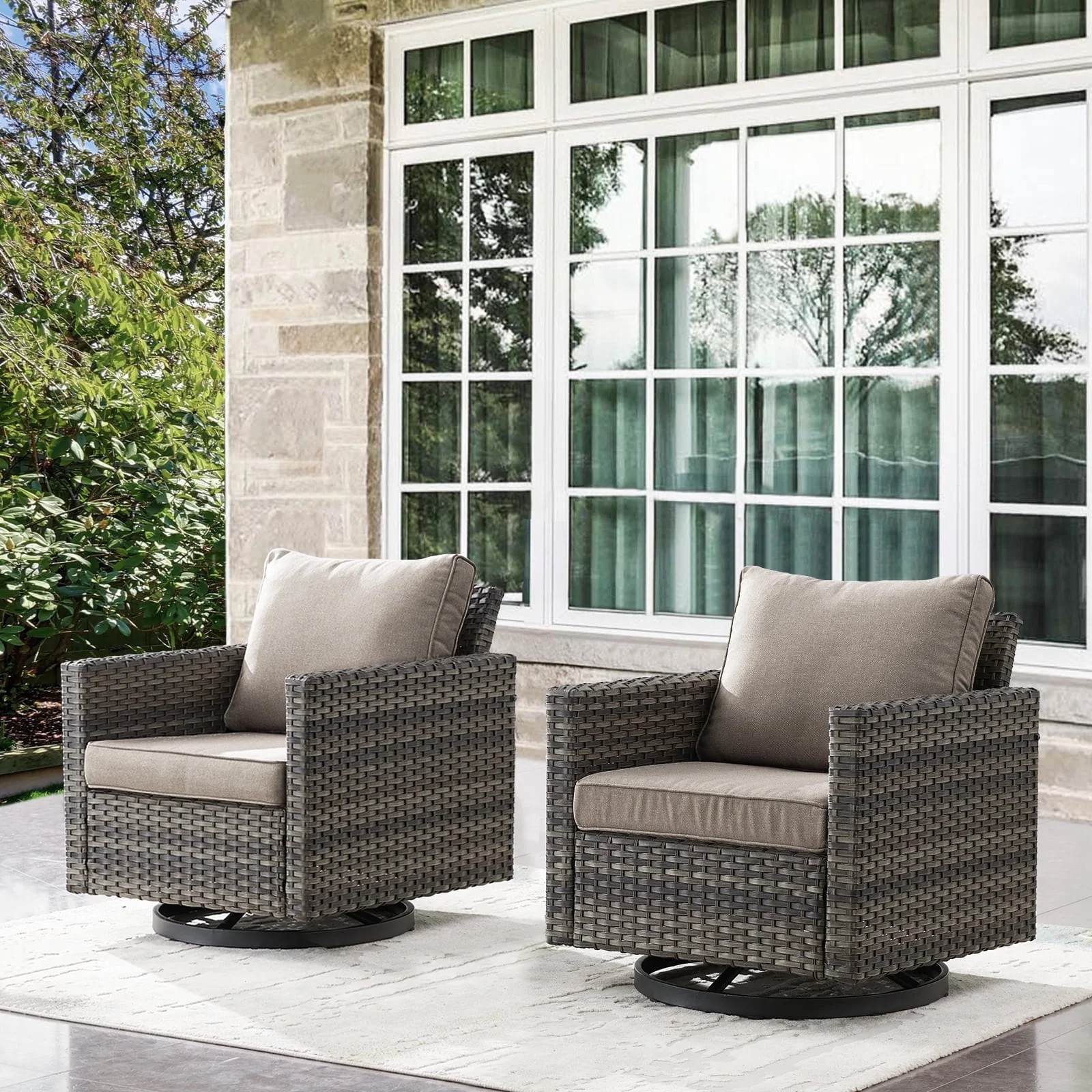 OPOHORO Square Armrest Outdoor Swivel Rocker Patio Chairs Set of 2, Gray Wicker Furniture Swivel ... | Walmart (US)