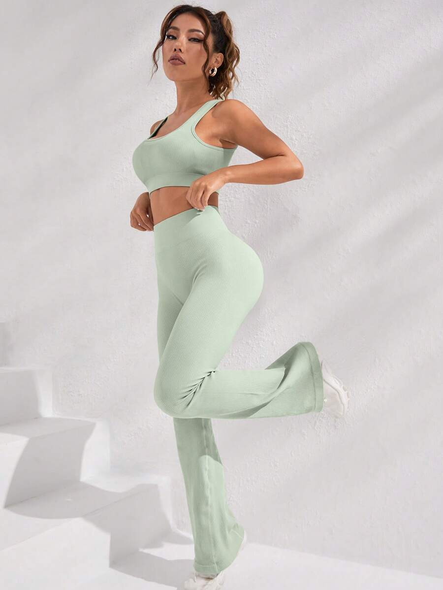 Solid Sports Bra & Flare Leg Pants | SHEIN