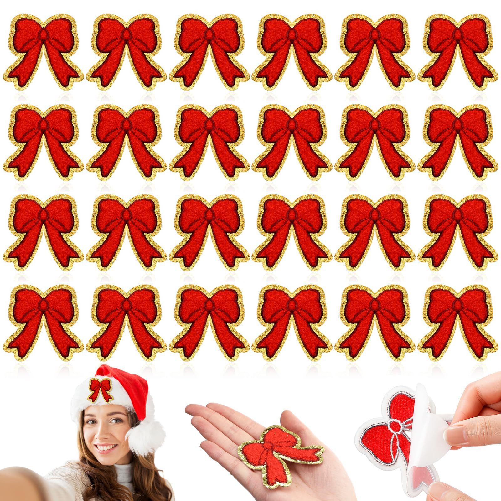 24 Pcs Red Bow Patches Christmas Self Adhesive Chenille Patches Gold Edges Cute Bow Applique for ... | Amazon (US)