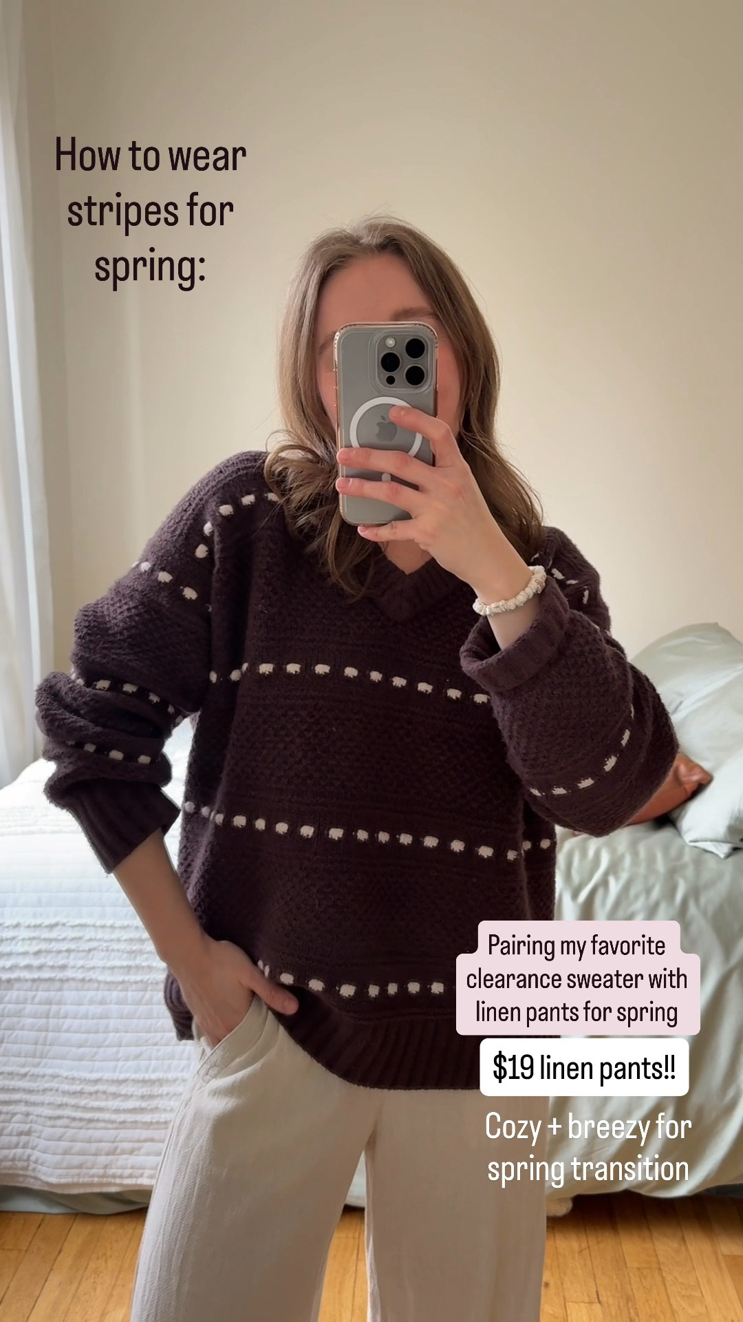 Clearance stripe outfit for spring. Xs chinky v neck sweater. $19 linen elastic waist pants. Wearing xs petite I’m 5ft 2

#LTKSaleAlert #LTKPetite