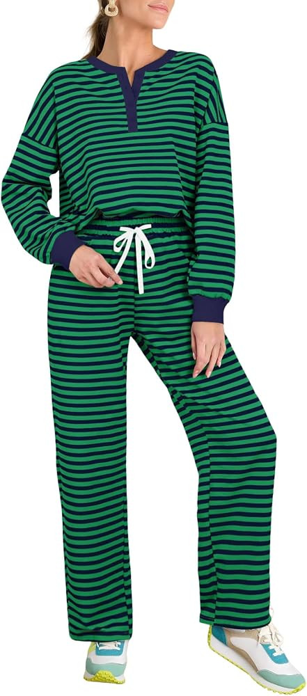 AGSEEM Womens 2 Piece Outfits Quarter Button Long Sleeve Crewneck Lounge Sets With Pockets Winter | Amazon (US)