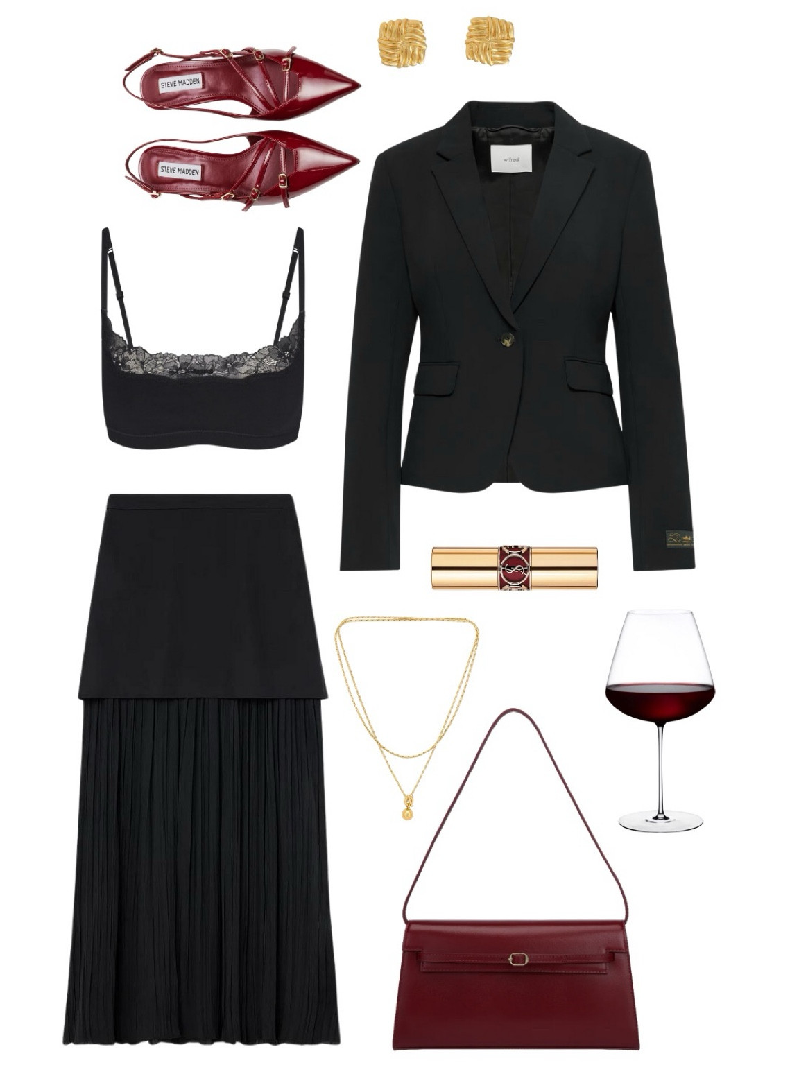 NA-KD: 1818-000023-0002

Verafied New York: Dark Cherry Shoulder Bag

Rouge Volupté Shine: 76 Red in the Dark

Elevate your business chic with a modern twist 🖤🍷 This ensemble features a tailored blazer, a pleated midi skirt, and a lace bralette for an effortlessly sophisticated vibe. Accentuated with bold red pointed-toe heels, a matching wine-colored handbag, and layered gold jewelry, this look balances power and elegance. Add a swipe of red lipstick to complete your statement style. Perfect for meetings, dinners, or date nights. 

#BusinessChic #FallFashion #PowerOutfit

#LTKStyleTip #LTKItBag #LTKWorkwear