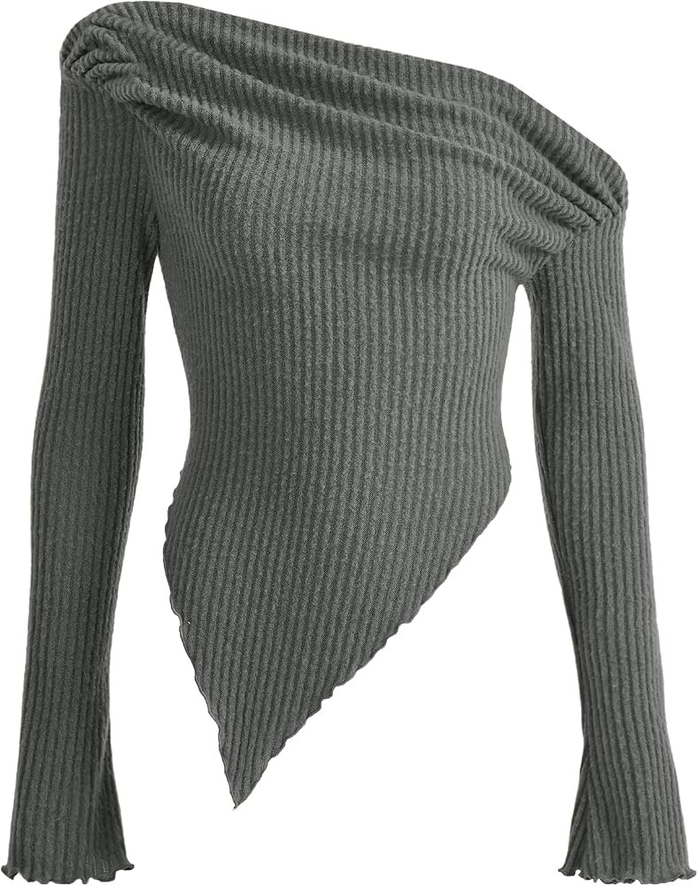 COZYEASE Women's Off Shoulder Long Sleeve Tops Asymmetrical Hem Slim Fit Ruched Ribbed Knit Crop ... | Amazon (US)