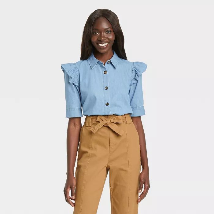 Women's Ruffle Elbow Sleeve Button-Down Shirt - Who What Wear™ | Target