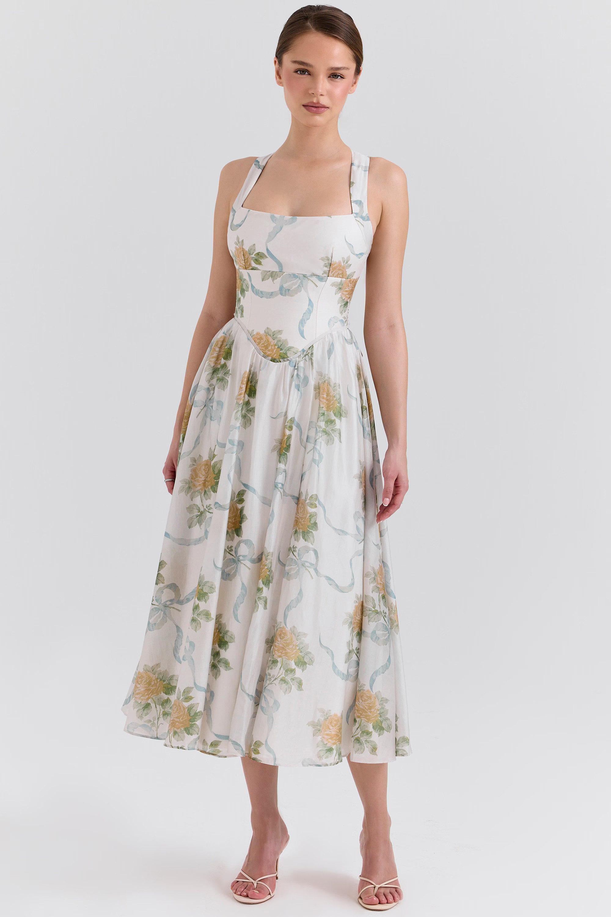 soft blue vintage ribbon print chiffon midi dress | House of CB