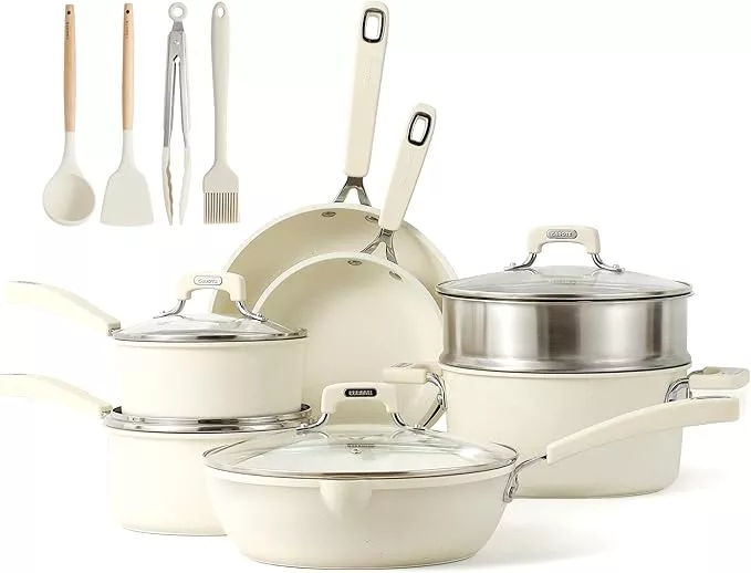 CAROTE 11pcs Cream White Pots and Pans Set, Nonstick Cookware Sets