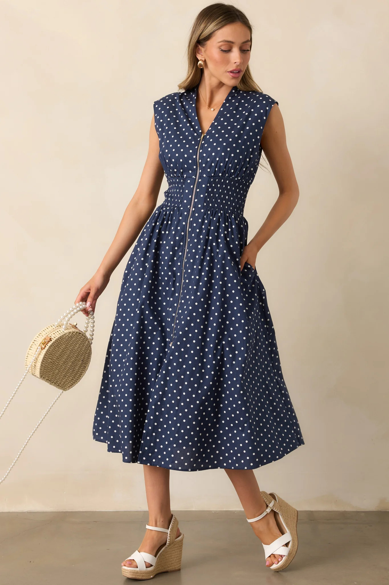 The Evette Navy Polka Dot Zip Front Midi Dress | Red Dress