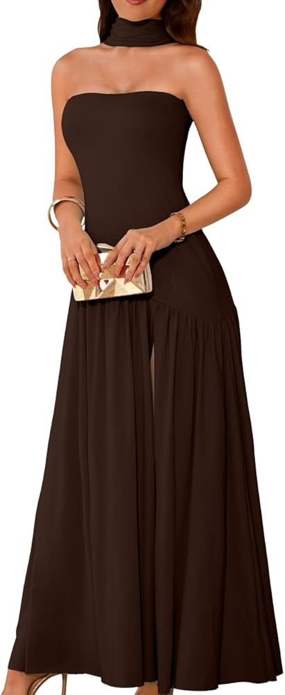 Women's Maxi Tube Dress with Scarf, Drop Waist High Slit Formal Prom, Wedding Guest Cocktail Part... | Amazon (US)