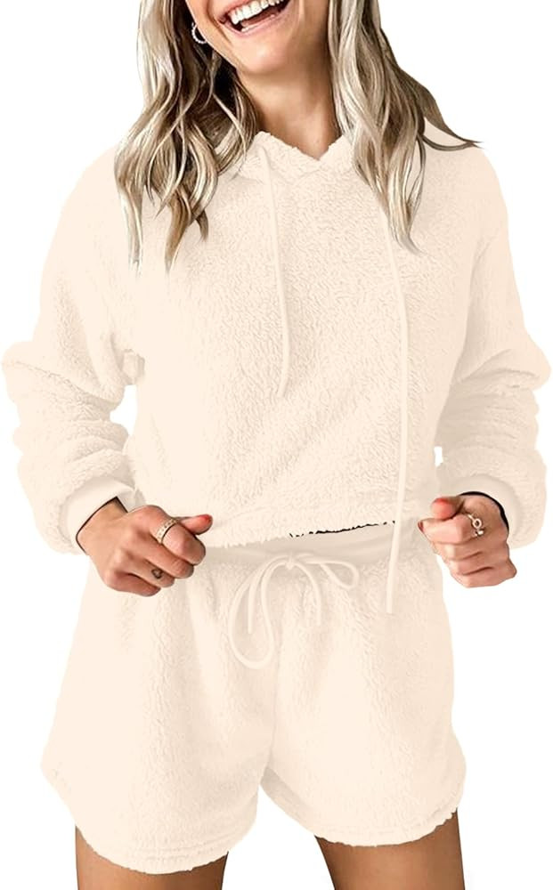 Fazortev Women Fuzzy Pajama Sets Fluffy 2 Piece Outfits Cropped Hoodie High Waist Drawstring Shor... | Amazon (US)