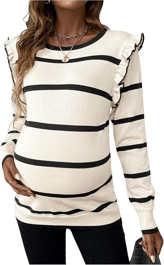 Women's Maternity Sweater Striped Pattern Round Neck Long Sleeve Ruffle Tops | Amazon (US)