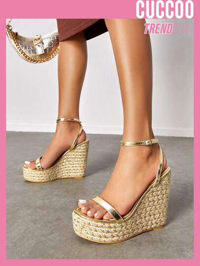 CUCCOO Trending Metallic Ankle Strap Wedge Sandals | SHEIN