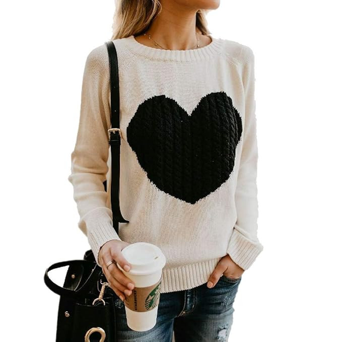 Fashionme Women Juniors Long Sleeve Crewneck Cable Knitted Love Heart Patch Pullover Sweaters Top... | Amazon (US)