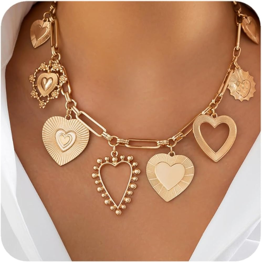 Chunky Gold Necklace for Women Big Heart Necklace Vintage Gold Statement Necklace for Women Stack... | Amazon (US)