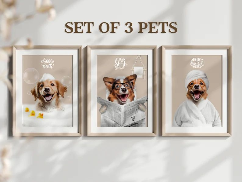 Custom Pet Portraits Using Pet Photos | Set of 3 | Custom Bathroom Poster | Custom Painted Pet Po... | Etsy (US)