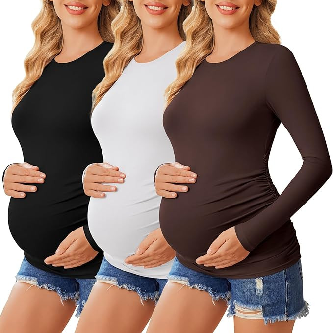 Ekouaer Women's Maternity Crew Neck Long Sleeve Tee 3 Pack | Amazon (US)