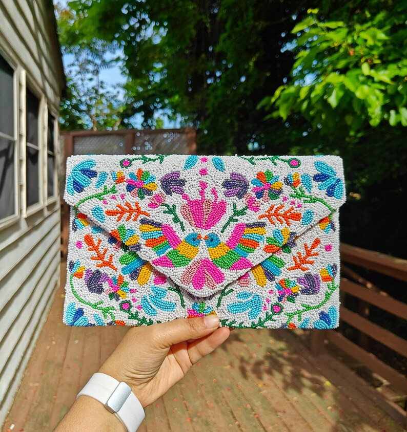 Otomi Bird Beaded Purse, Beaded Clutch Purse, White Beaded Envelope Bag, Statement Beaded Handbag... | Etsy (US)
