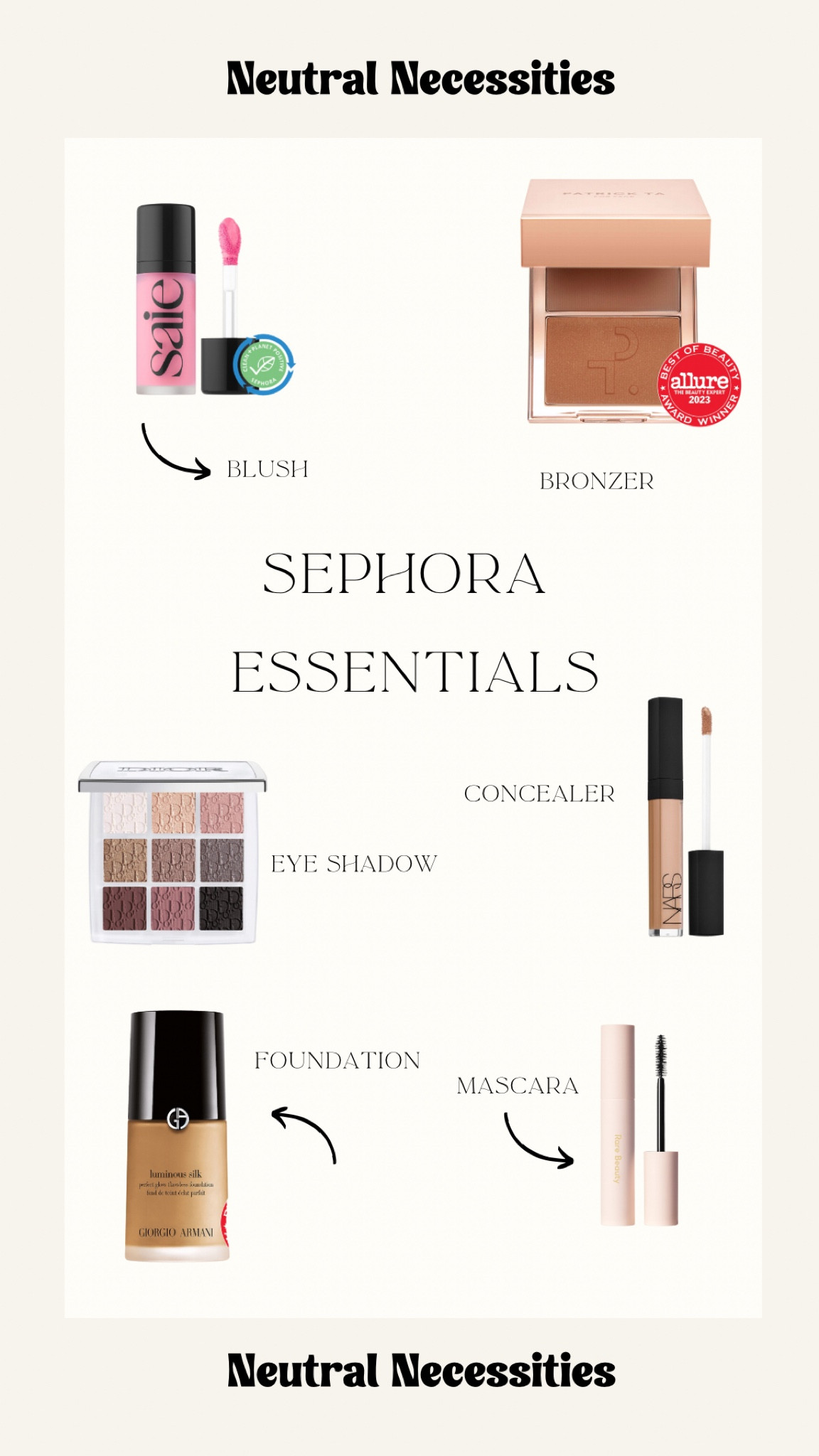 Sephora essentials #saieblush #patrickta #dior #nars #armani #mascara 