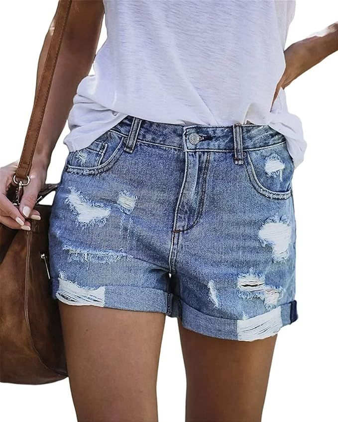 FEKOAFE 2024 Womens Casual Mid/High Waisted Denim Shorts Summer Stretchy Ripped Jean Shorts for W... | Amazon (US)