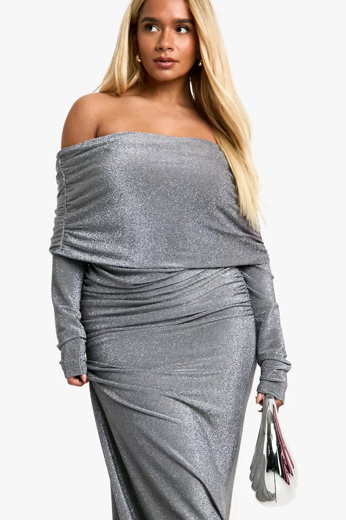 Plus Glitter Crepe Bardot Ruched Flare Hem Midaxi | boohoo (US & Canada)