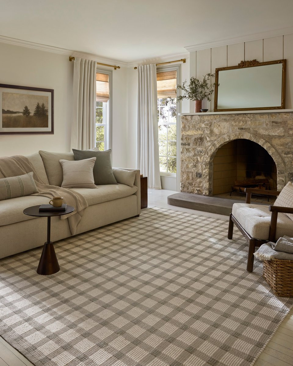 Ryder RYD-02 Stone/Ivory Wool/Cotton Handwoven Plaid Area Rug | Rugs Direct