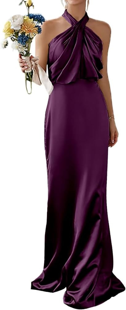 Halter Bridesmaid Dresses for Women 2024 Cutout Pleated Satin Formal Wedding Guest Dress | Amazon (US)