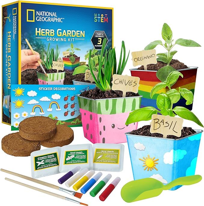 NATIONAL GEOGRAPHIC Herb Growing Kit for Kids - Decorate 3 Pots with Paint and Stickers, Kids Gar... | Amazon (US)