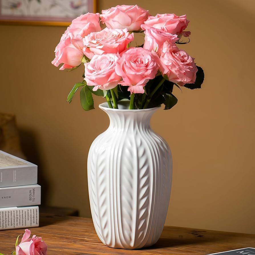 Lvases Matte White Ceramic Flower Vase, 10 Inch Unique Wheat Ear Textured Modern Large Vases for ... | Amazon (US)