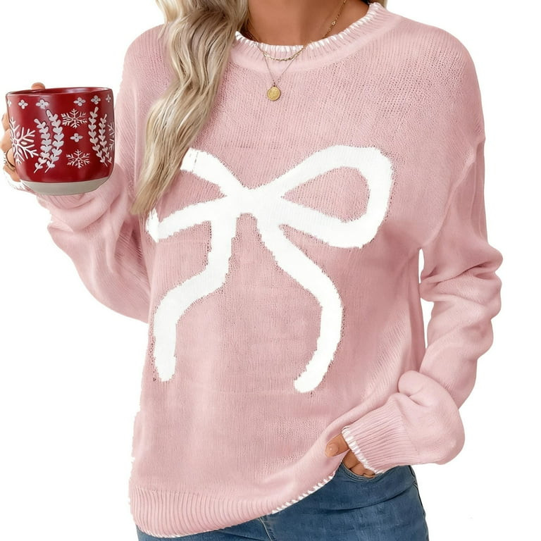 Christmas Sweaters for Women Knit Cute Bow Knot Long Sleeve Crewneck Causal Loose Fall Pullover T... | Walmart (US)