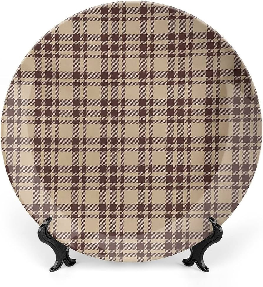8 Inch Decorative Plate,Tan and Brown Porcelain Plate, Old Fashioned Check Plaid Pattern Geometri... | Amazon (US)