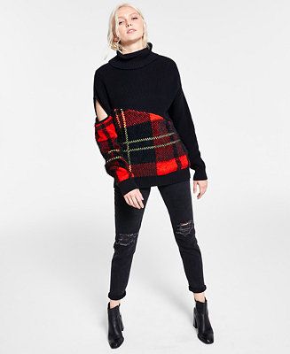 Bar III Plaid Cutout Turtleneck Sweater, Created for Macy's & Reviews - Sweaters - Women - Macy's | Macys (US)
