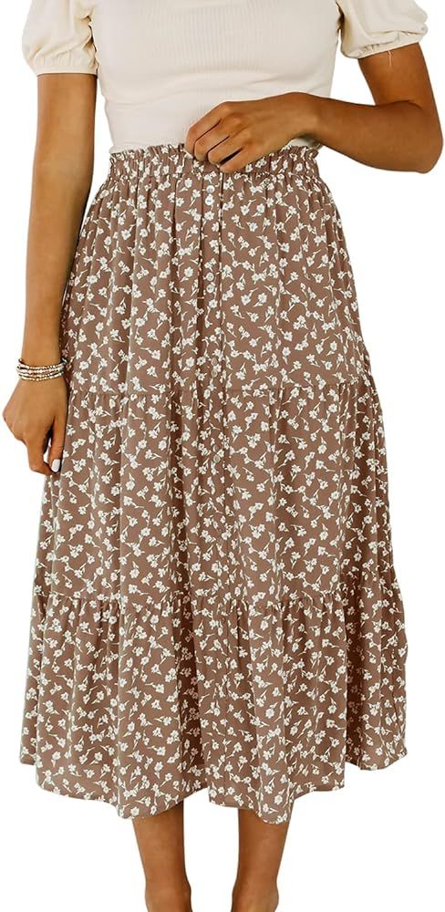 Loccysu Womens High Waisted Midi Skirts Summer Boho Floral Casual Pleated A-Line Flowy Midi Dress | Amazon (US)