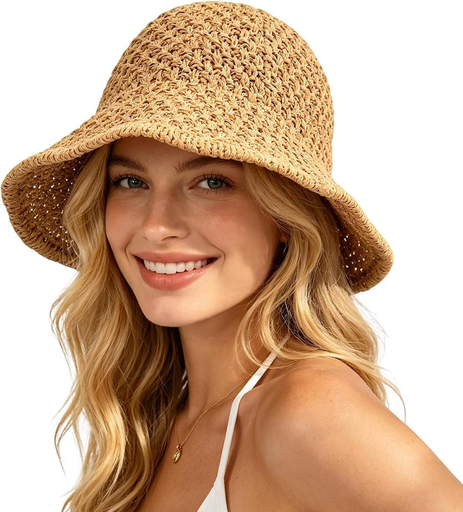 Sun Hat for Women Summer Straw Beach Hats Floppy Crochet Hat UV Protection Travel Bucket Hat Fold... | Amazon (US)