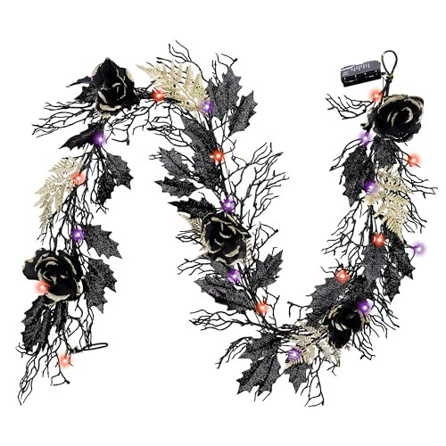 DecorbyHannah Halloween Garland with Lights, 6 ft Artificial Halloween Indoor Decorations with Black Rose for Mantle Table Fireplace Backdrop Wall Outdoor Home Party Decor | Amazon (US)