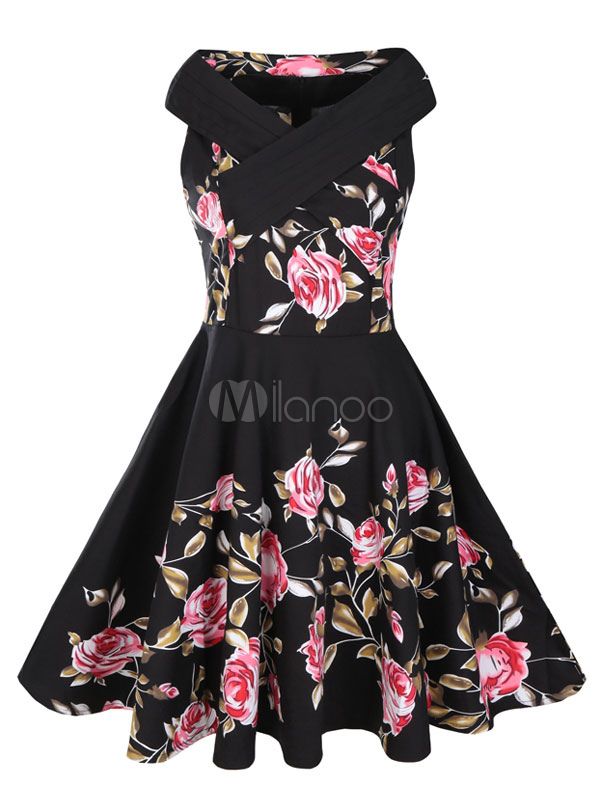 Black Vintage Dress V Neck Sleeveless Floral Printed Pleated Slim Fit Skater Dress | Milanoo