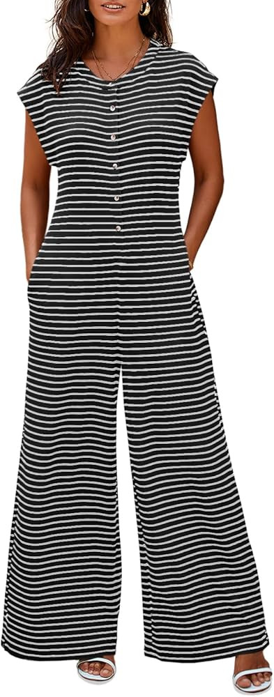 Cicy Bell Womens Casual Striped Jumpsuits Summer Cap Sleeve Wide Leg Jumper Romper Button Down Tr... | Amazon (US)