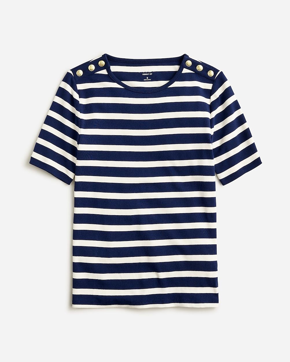 Perfect-fit elbow-sleeve T-shirt in stripe with gold buttons | J.Crew US