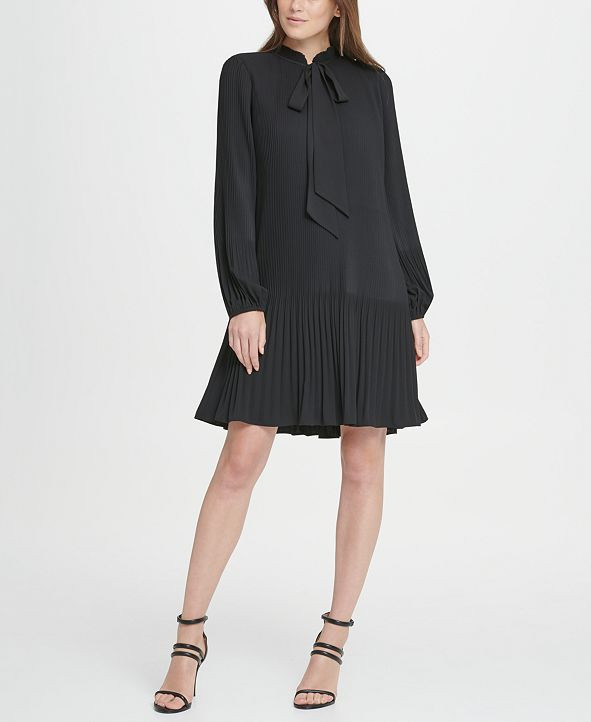 Long Sleeve Tie Neck Pleated Shift Dress | Macys (US)