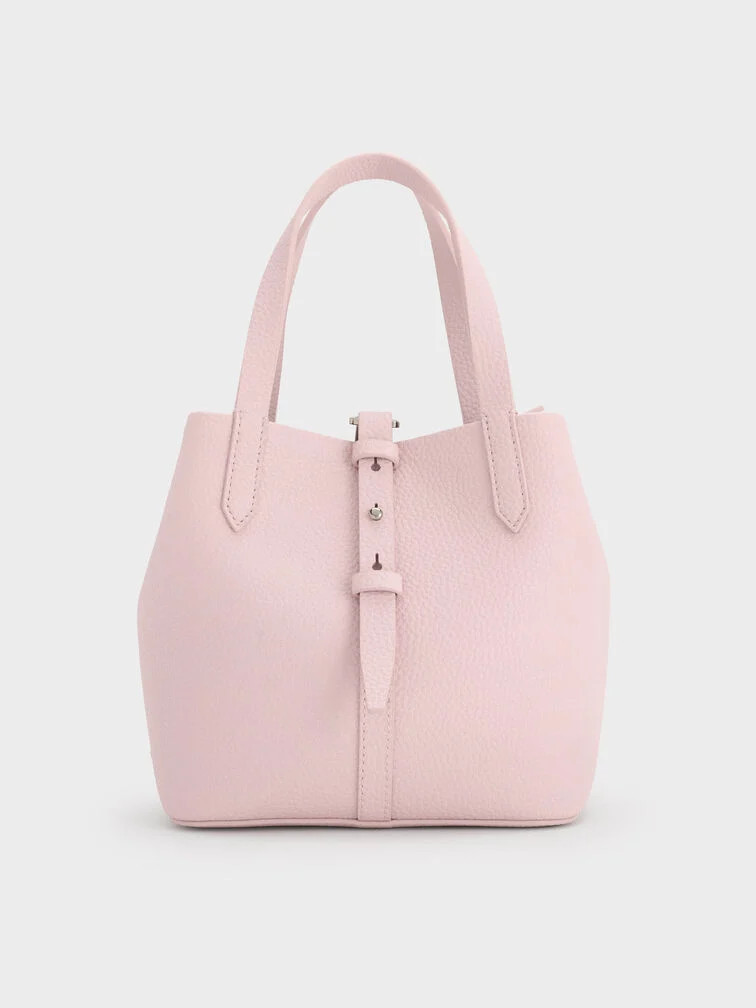 Cotton Candy Pink Beryl Recycled Leather Double-Handle Belted Bucket Bag | CHARLES & KEITH UK | Charles & Keith UK