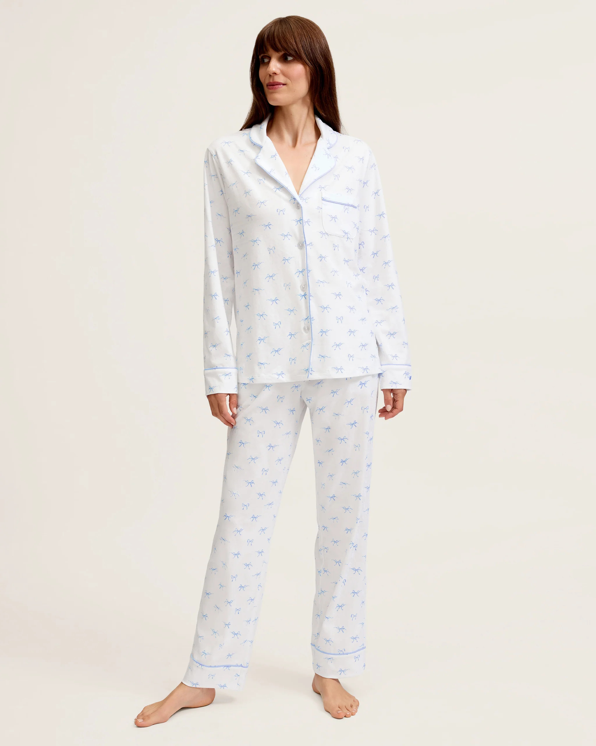 Women's Pima Pajama Set in Something Blue Bows | Petite Plume
