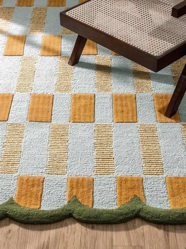 Checkered Hand-Tufted 100% Wool Area Rug - 3x5 Ft, Rectangular Light Blue Base with Mustard and B... | Amazon (US)