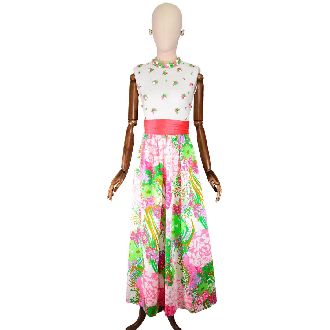 Claude Riha Vintage 70s Beaded Bodice Cotton Maxi Party Dress, Size XXS | Etsy (US)