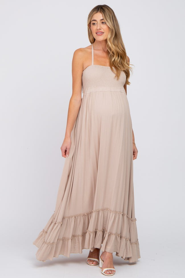 Beige Halter Neck Cut Out Maternity Maxi Dress | PinkBlush Maternity